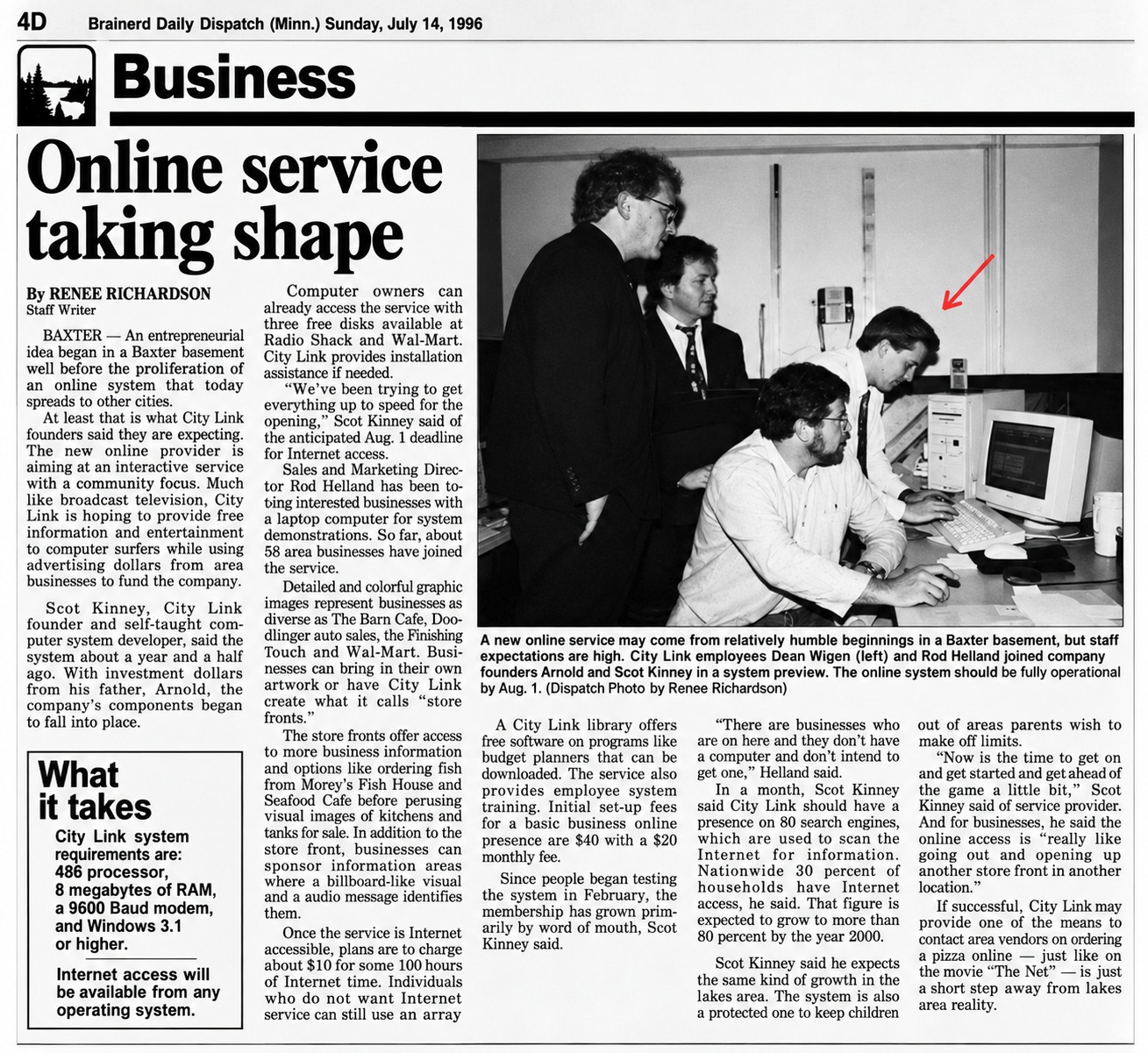 July 14, 1996 Brainerd Dispatch newspaper feature on Scot Kinney and City Link